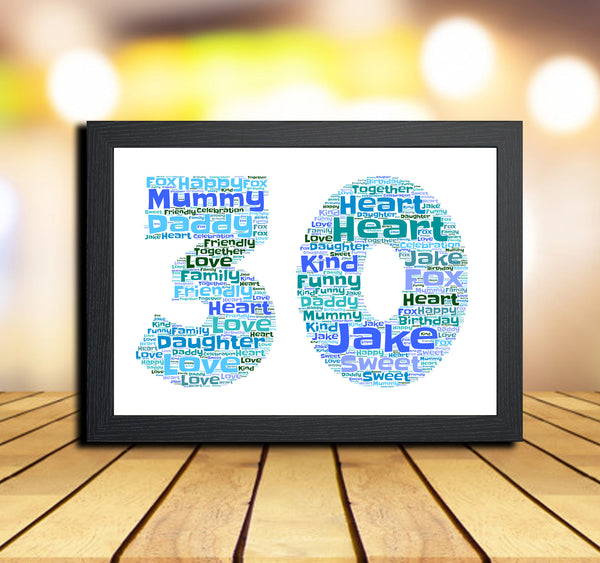 Personalised 30th birthday word art print in a black frame