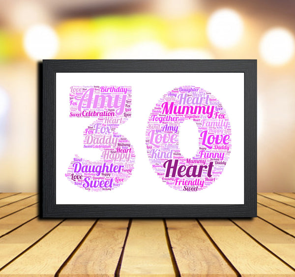 Personalised 30th birthday word art print in a black frame