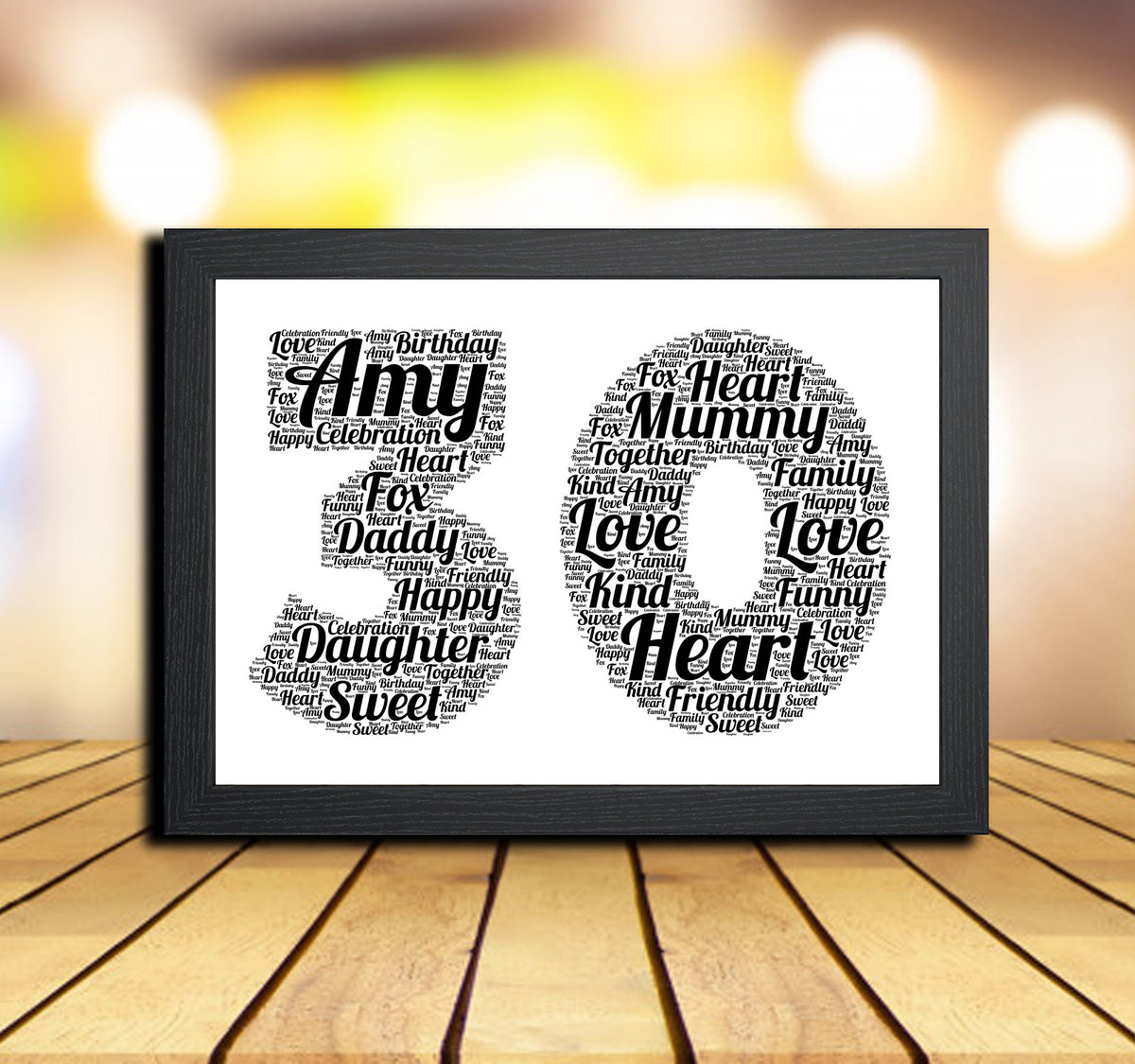 Personalised Black Word Art Poster Print Number 30 – Personalised 30th birthday word art print in a black frame