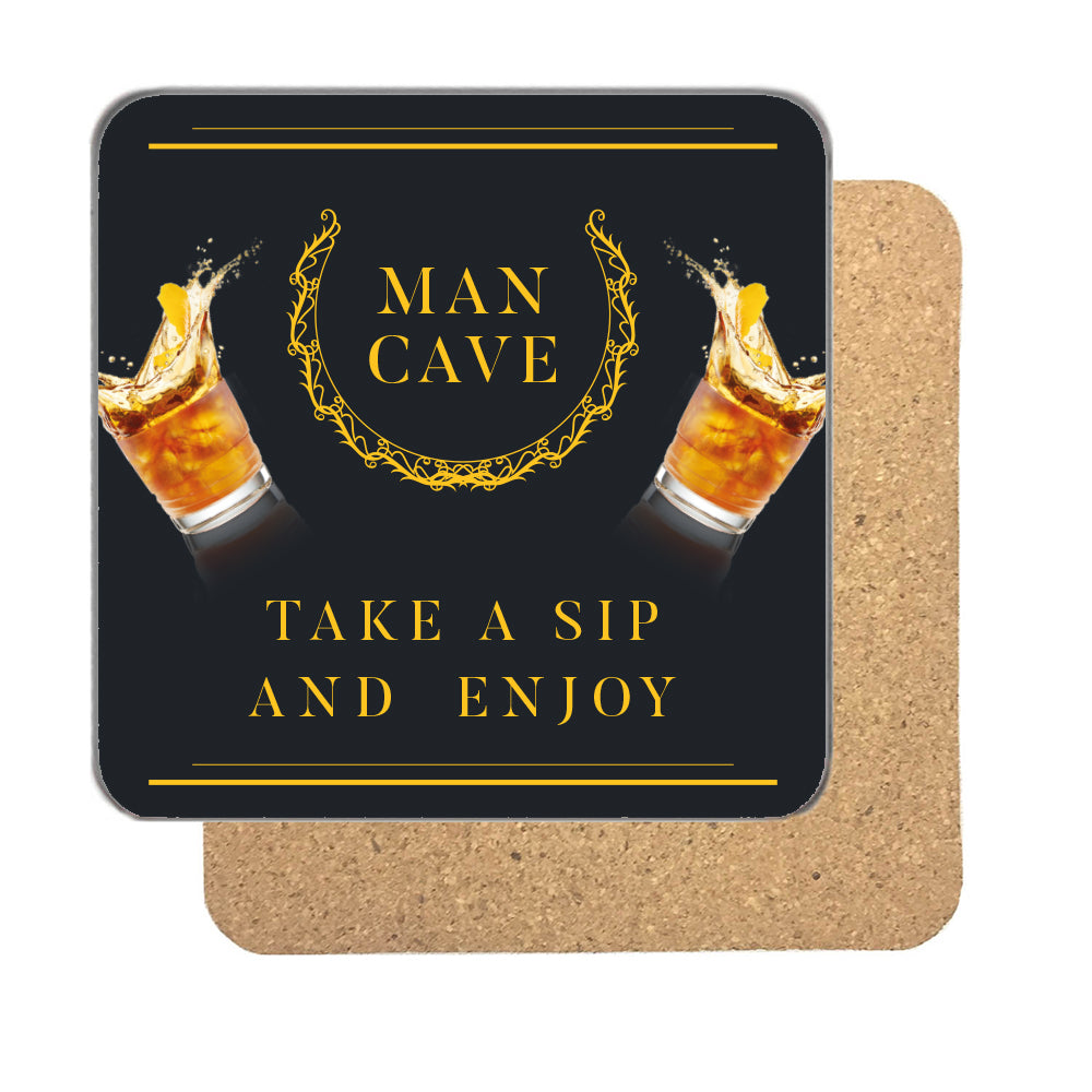 Personalised man cave Take a Sip coaster in black with two splashing whisky glasses and a gold laurel wreath