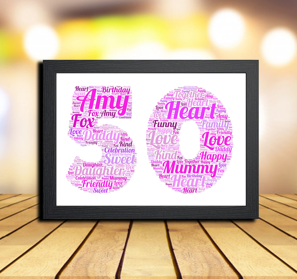Personalised Pink Word Art Poster Print Number 50 – A4 Print + Black Frame