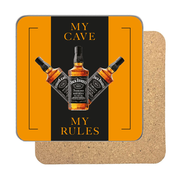 Personalised My Cave My Rules whiskey coaster in orange and black with three bourbon bottles and orange capitals