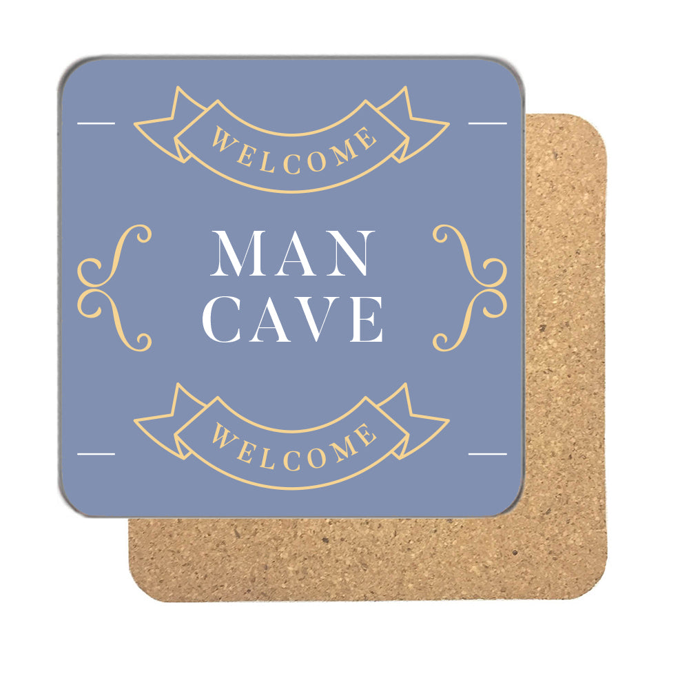 Personalised welcome man cave coaster in soft blue with gold Welcome ribbons and white capitals