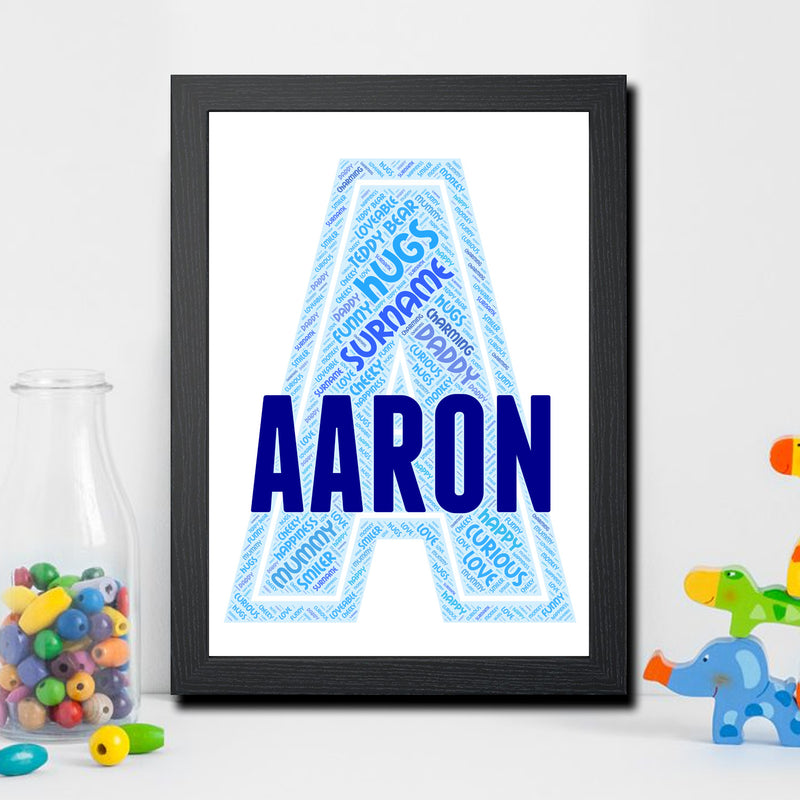 Personalised Name Word Art Poster Print Blue Letter A