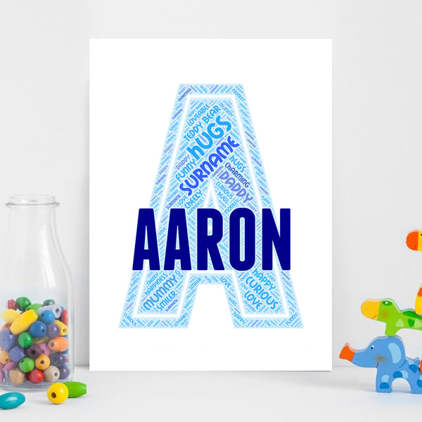 Personalised name word art print, blue letter A, print only