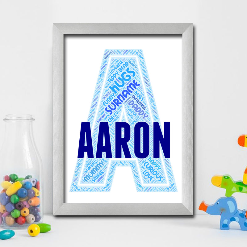 Personalised Name Word Art Poster Print Blue Letter A