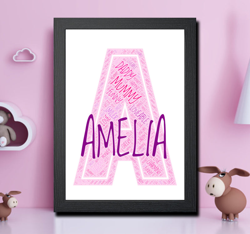 Personalised Name Word Art Poster Print Pink Letter A