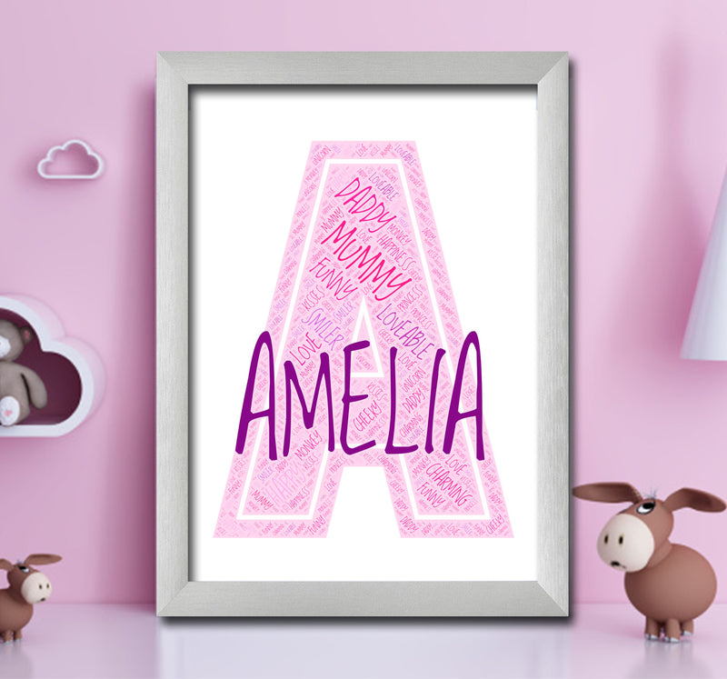 Personalised Name Word Art Poster Print Pink Letter A