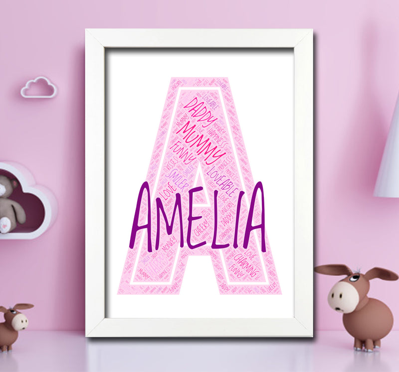 Personalised Name Word Art Poster Print Pink Letter A