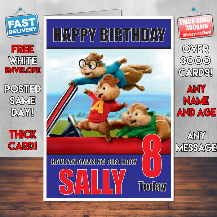 ALVIN AND THE CHIPMUNKS BM1 THEME INSPIRED Style PERSONALISED Kids Adult FUNNY Birthday Card