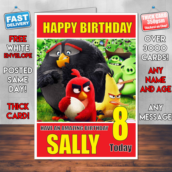 ANGRY BIRDS 4 BM1 THEME INSPIRED Style PERSONALISED Kids Adult FUNNY Birthday Card