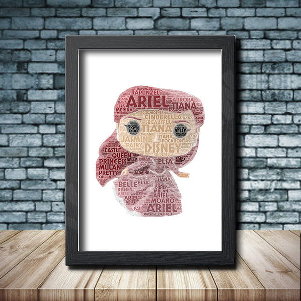 Personalised pop figure word art print inspired by Ariel in a black frame