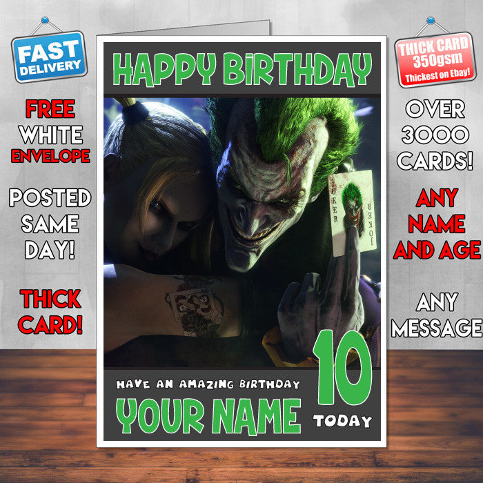 ARKHAM JOKER &HARLEY BM1 THEME INSPIRED Style PERSONALISED Kids Adult FUNNY Birthday Card