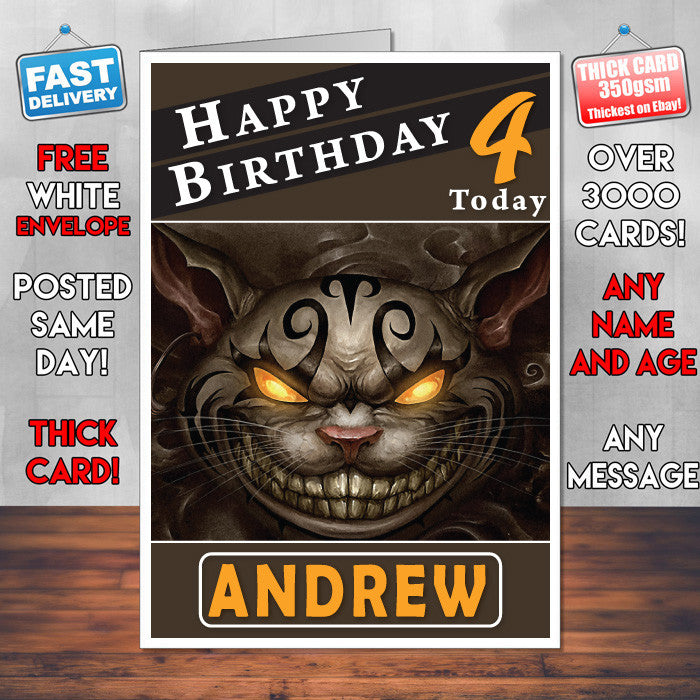 Personalised Alice Madness Returns Cheshire Cat Inspired Style Game Kids Inspired Birthday Card (SA)