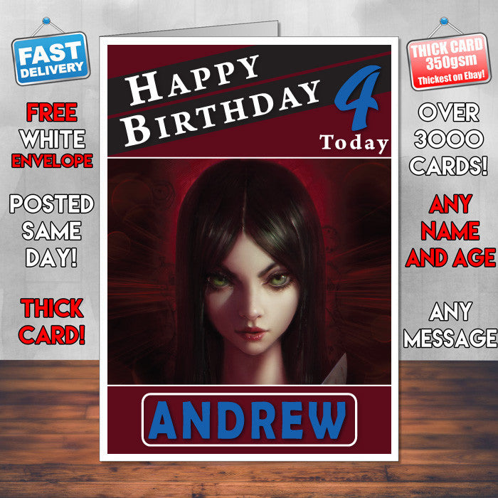 Personalised Alice Madness Returns Inspired Style Game Kids Inspired Birthday Card (SA)