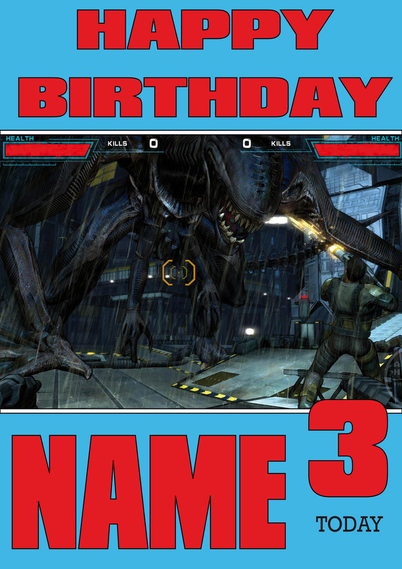 Retro Gaming Alien THEME INSPIRED Kids Adult Personalised Birthday Card