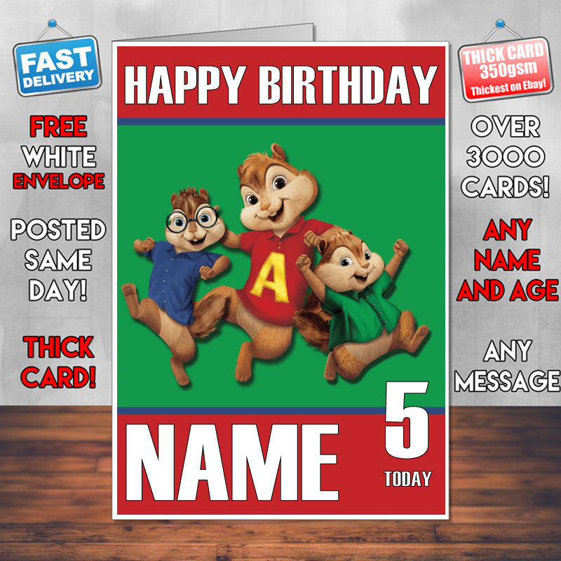 Alvin & Chipmonks KE THEME INSPIRED Kids Adult Personalised Birthday Card