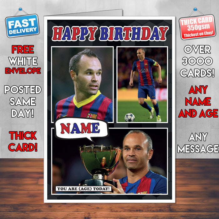 Andres Iniesta Barca Inspired Style Personalised Football Birthday Card