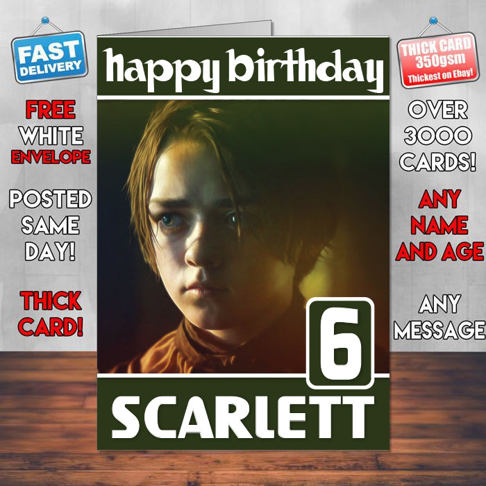 Arya Stark Maisie Williams Theme Style Personalised Kids Inspired Movie Birthday Card (SA)