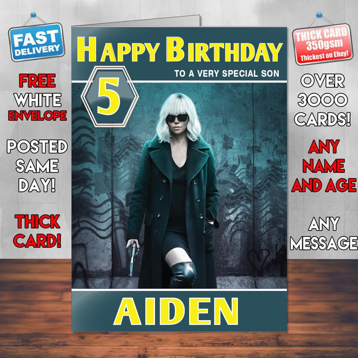 Atomic Blonde Charlize Theron Theme Style Personalised Kids Inspired Movie Birthday Card (SA) – Atomic Blonde Charlize Theron Theme Style Personalised Movie Birthday Card