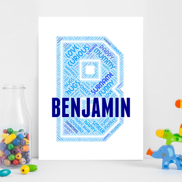 Personalised name word art print, blue letter B, print only