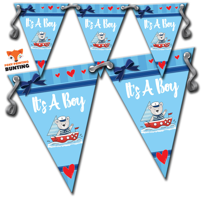 B32 Blue Its A Boy Bunting Teddy Boat Personalised Custom Bunting Premium Party Decorations  (Standard Bunting (14.8cm X 21cm))