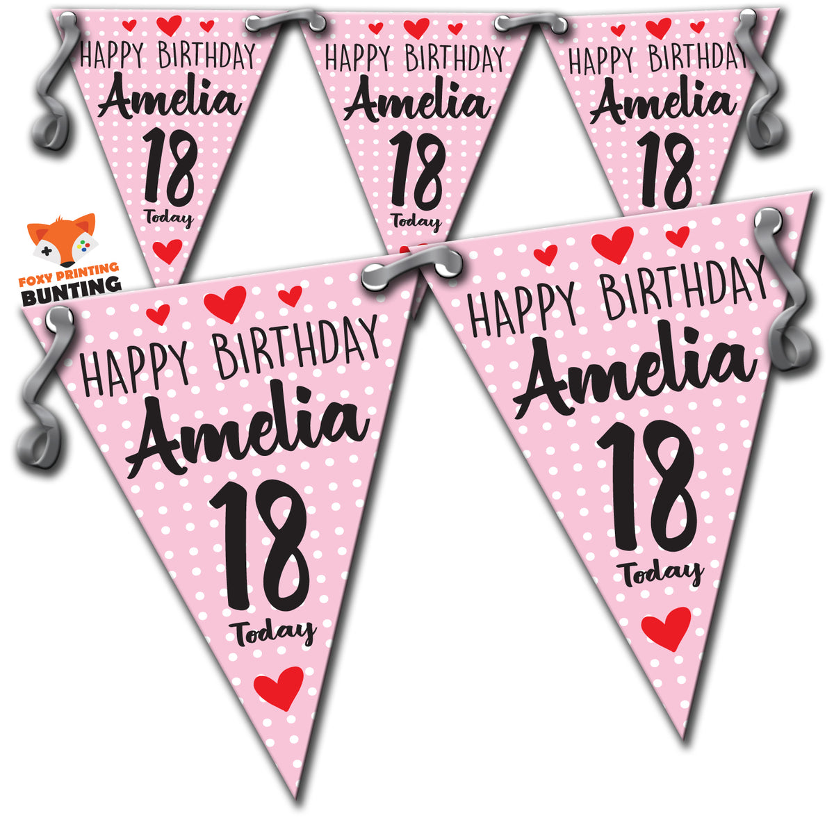 B6 18th Birthday Pink Poka Dot Personalised Bunting Premium Party Decorations  (Standard Bunting (14.8cm X 21cm)) – B6 18th Birthday Pink Poka Dot Personalised Bunting
