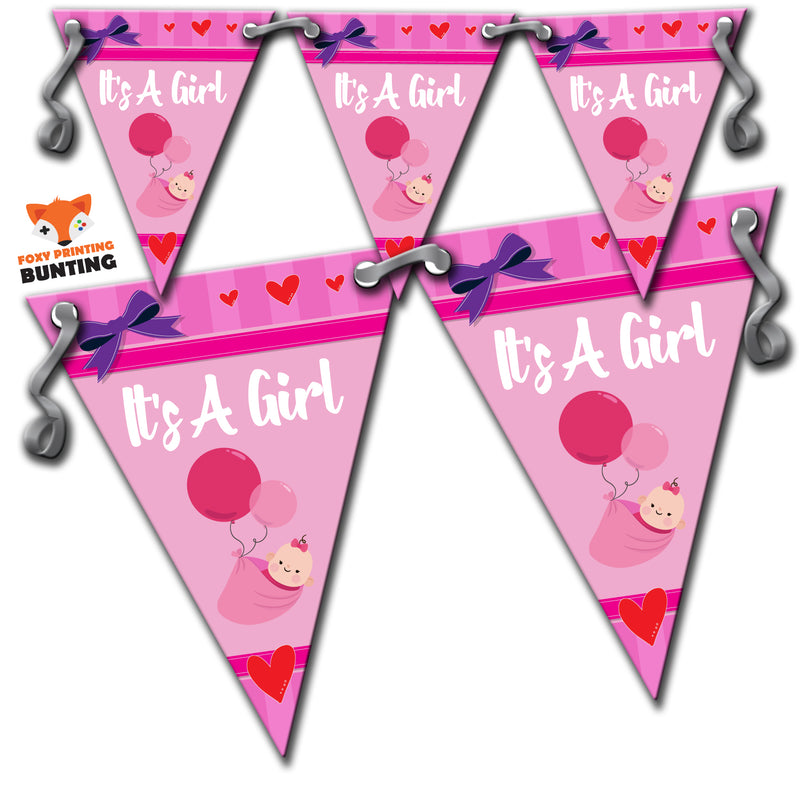 B64 Pink Its A Girl Bunting Baby Balloons Personalised Custom Bunting Premium Party Decorations  (Standard Bunting (14.8cm X 21cm))