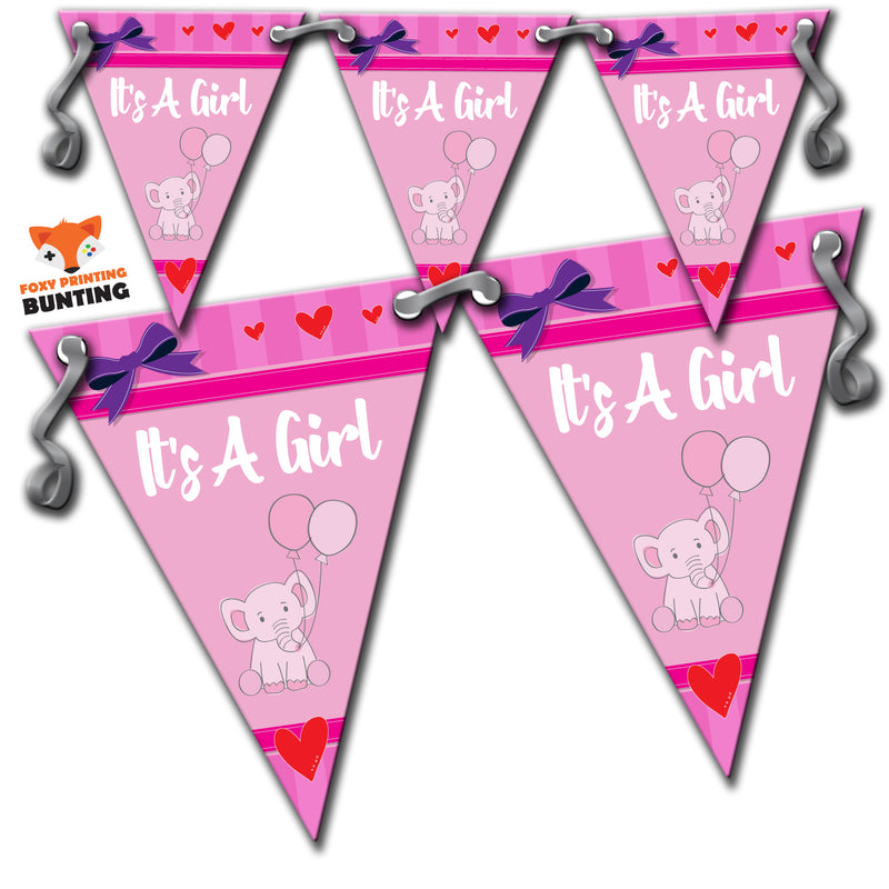 B65 Pink Its A Girl Bunting Elephant Personalised Custom Bunting Premium Party Decorations  (Standard Bunting (14.8cm X 21cm))