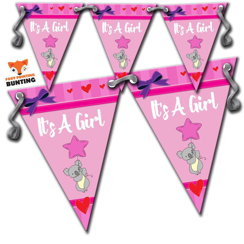 B68 Pink Its A Girl Bunting Koala Personalised Custom Bunting Premium Party Decorations  (Standard Bunting (14.8cm X 21cm))