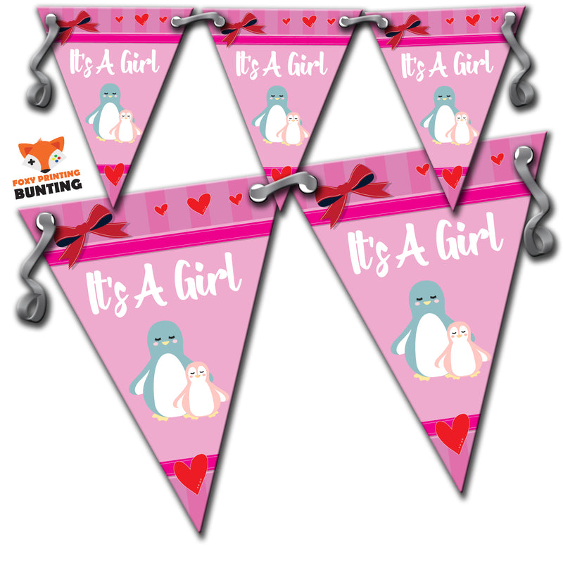 B70 Pink Its A Girl Bunting Penguins Personalised Custom Bunting Premium Party Decorations  (Standard Bunting (14.8cm X 21cm))