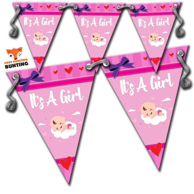 B71 Pink Its A Girl Bunting Sleeping Baby Personalised Custom Bunting Premium Party Decorations  (Standard Bunting (14.8cm X 21cm))