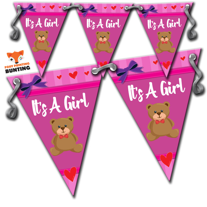 B72 Pink Its A Girl Bunting Teddy Personalised Custom Bunting Premium Party Decorations  (Standard Bunting (14.8cm X 21cm))