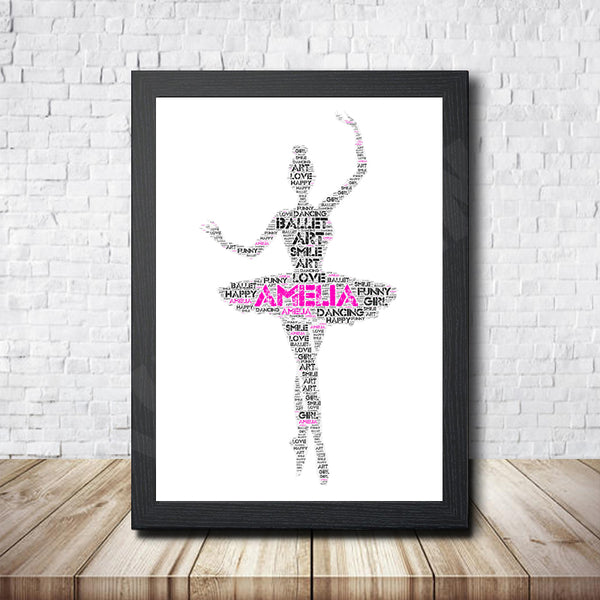 Personalised ballet word art print in a black frame