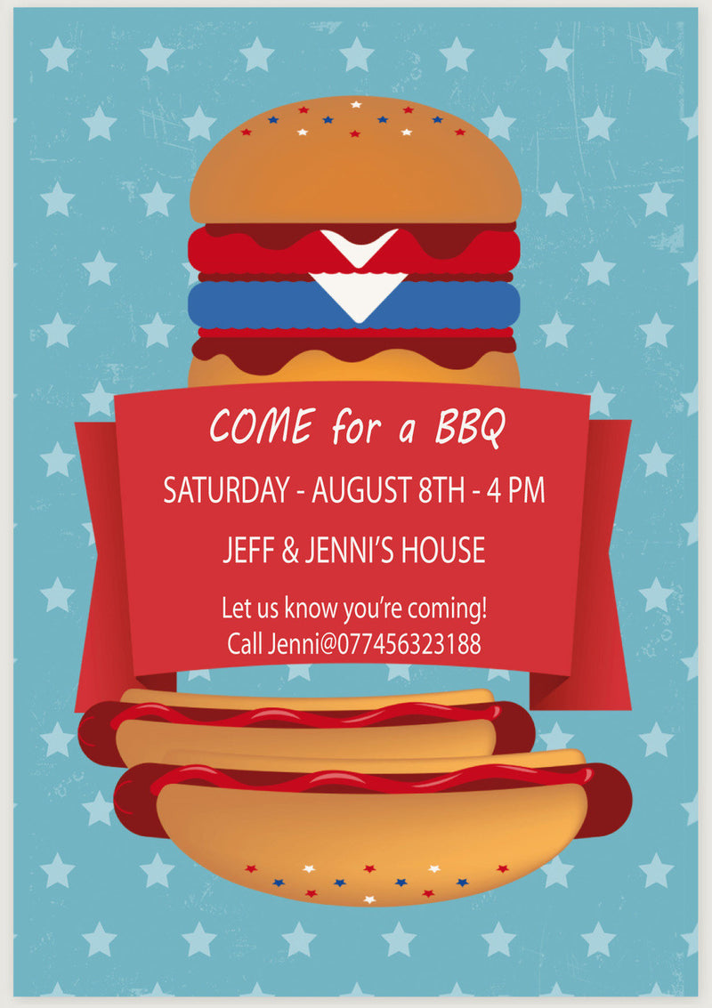 10 X Personalised Printed BBQ Burger INSPIRED STYLE Invites