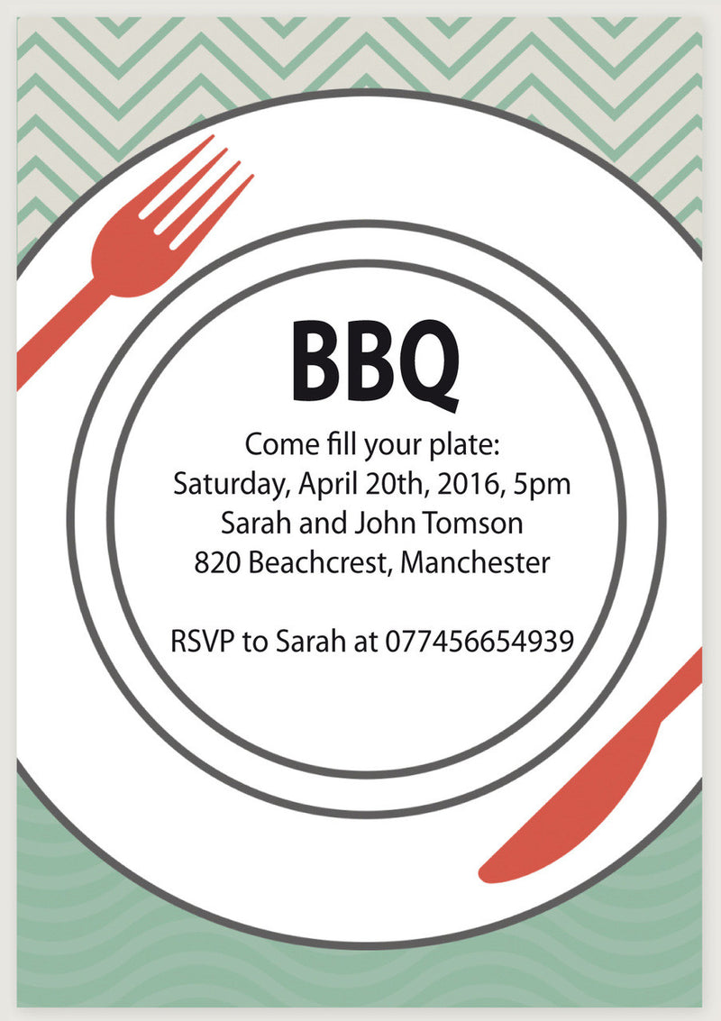10 X Personalised Printed Summer BBQ Plate INSPIRED STYLE Invites