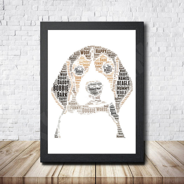 Personalised beagle word art print in a black frame