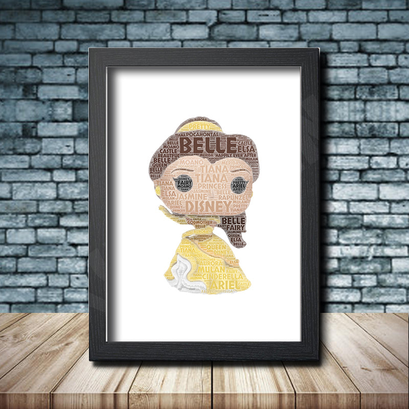 Personalised Belle Word Art Poster Print - Inspired By Pop Figures – Personalised pop figure word art print inspired by Belle in a black frame