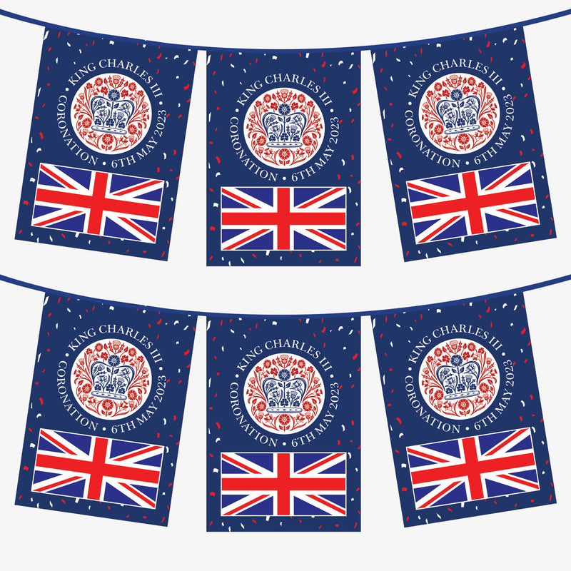 King Charles Coronation Bunting - Blue Official Logo And Union Jack Design Pennants - 3 Metres - 6 Metres