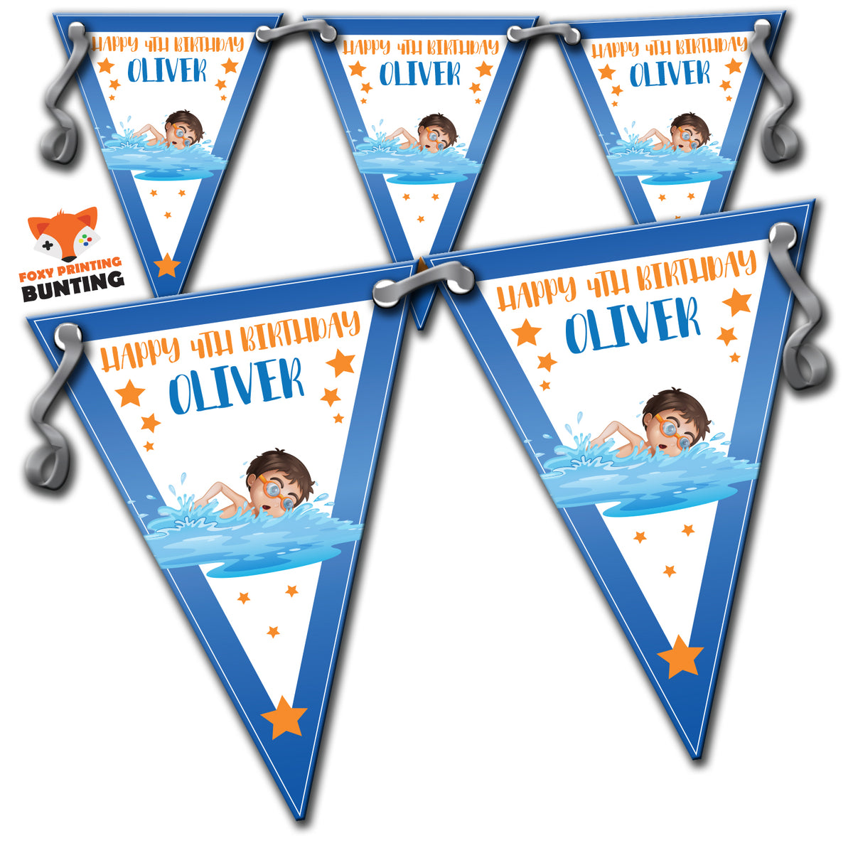 Boys SWIMMING PARTY Bunting Premium Party Decorations  (Standard Bunting (14.8cm X 21cm)) – Boys Swimming Party Bunting