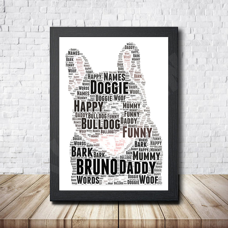 Personalised Bulldog Bruno Word Art Poster Print – A4 Print + Black Frame