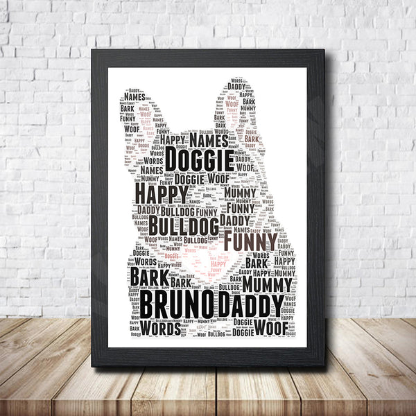 Personalised bulldog word art print in a black frame