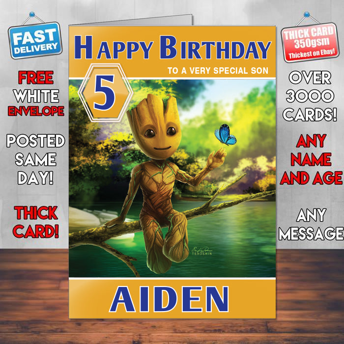 Baby Groot Artwork Theme Style Personalised Kids Inspired Movie Birthday Card (SA)