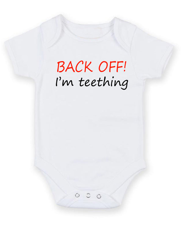 Back Off I Am Teething Personalised Baby Boy Girl Unisex Short Sleeve Bodysuit