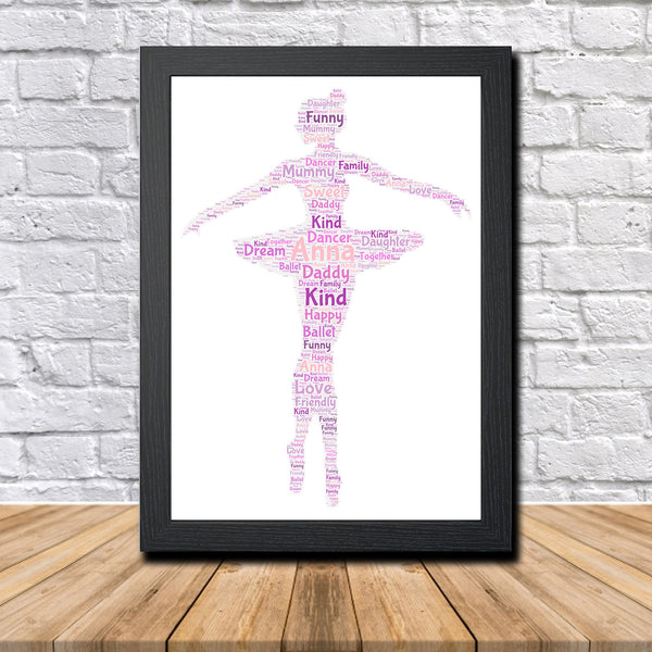 Personalised ballet word art print in a black frame