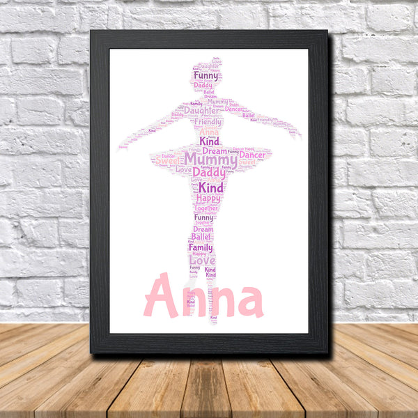 Personalised ballet word art print in a black frame