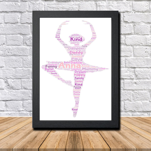 Personalised ballet word art print in a black frame