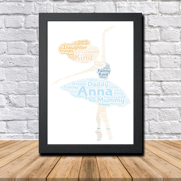 Personalised ballet word art print in a black frame