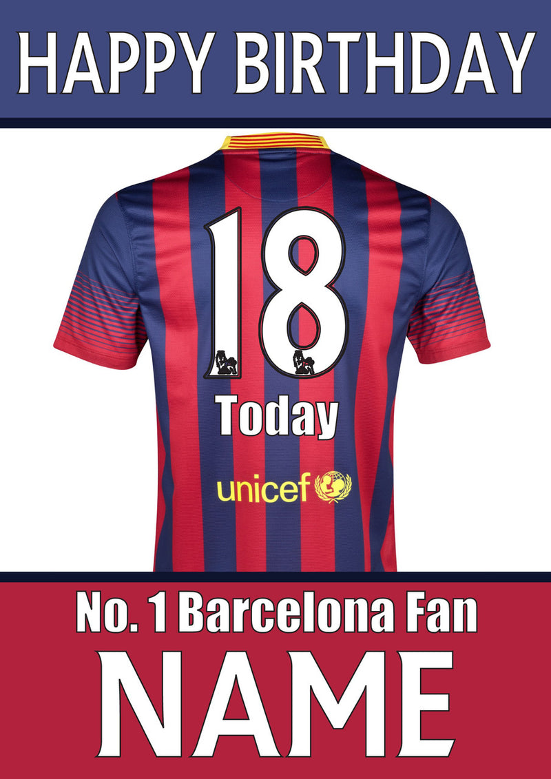 Barcelona Fan FOOTBALL TEAM THEME INSPIRED PERSONALISED Kids Adult Birthday Card