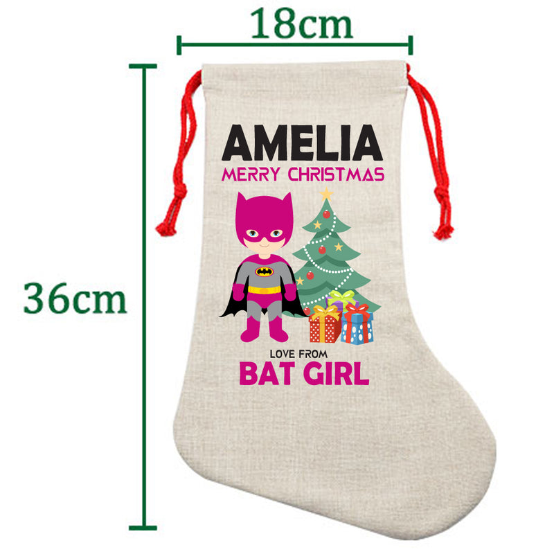 PERSONALISED Cartoon Inspired Super Hero Bat Girl Pink HIGH QUALITY Large CHRISTMAS STOCKING - Any Name you want!